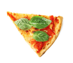 Slice of delicious pizza with green fresh organic basil isolated on white