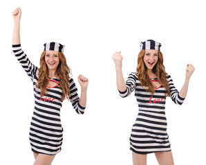 Pretty girl in prisoner uniform isolated on white