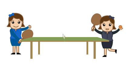 Two Cartoon Girls Playing Table Tennis