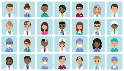 Flat people doctors, nurses and surgeons. Animated avatars. Faces medical characters. Set icons. Vector illustration.  Hospital staff. Medicine concept.