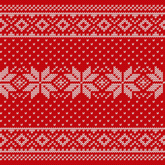 Christmas seamless pattern. Knit scandinavian red design. Vector Xmas background. Knitted winter texture with border and flower.
