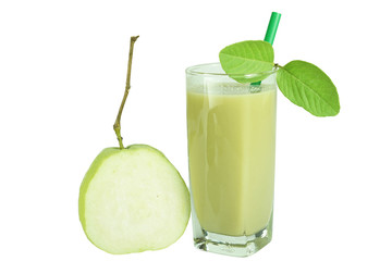 Glass of green Guava moothie with green sweet fresh Guava fruit isolated on white background.