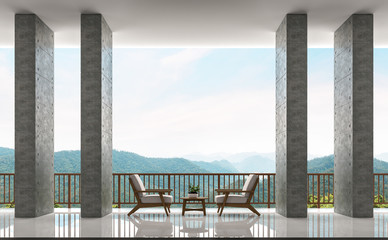 Modern loft balconies and living area with panoramic views of mountains 3d rendering image.There are polished concrete wall, white floor and wooden railing. Have endless views on nature and mountains.