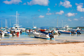 Boats at the shore in Bayahibe, La Altagracia, Dominican Republic. Copy space for text.