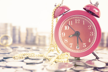 Image Of Coins With Red Fashion Alarm Clock And Gold Necklace For Display Planning Money Financial And Business Accounting Concept, Time Is Money Concept With Clock And Coins, Vintage Color Tone