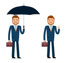 Ready to use character creation set. Businessman holding umbrella, greets. Business, office work, workplace. Isolated white background. Flat design vector illustration.