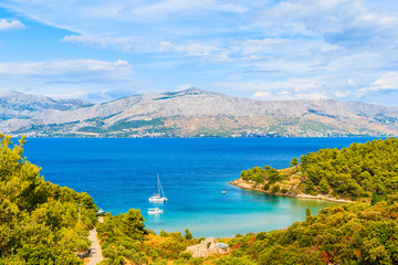 Fototapeta na wymiar View of Lovrecina bay with sailing boats on blue sea, Brac island, Croatia