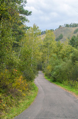 Fototapeta na wymiar Autumn landscape, yellow trees, mountains, road