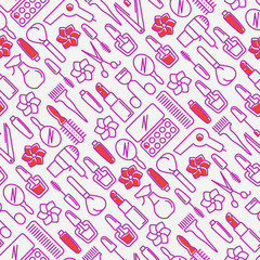 Beauty saloon seamless pattern with thin line icons of cosmetics, make up and beauty accessories. Vector illustration for banner, web page, print media.