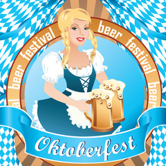 Sexy Oktoberfest girl, wearing a traditional Bavarian dress, serving big beer mugs / Oktoberfest banner, flat design, vector cartoon illustration