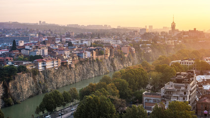 Fototapeta na wymiar beautiful sunset cityscape of Tbilisi from Narikala fortress, Georgia