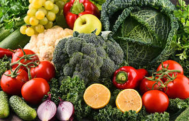 Composition with variety of raw organic vegetables and fruits