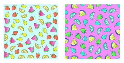 Set of Pattern with lemons watermelons, oranges and juicy strawberries with background. Cute vector background. Bright summer fruits illustration. Fruit mix design for fabric and decor.