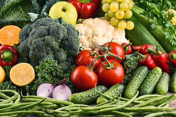 Composition with variety of raw organic vegetables and fruits