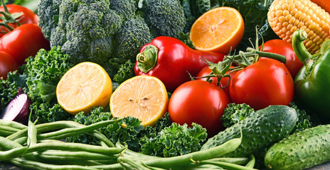 Composition with variety of raw organic vegetables and fruits