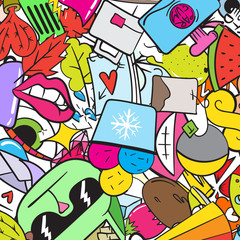 Graffiti pattern with urban lifestyle line icons. Crazy doodle abstract vector background. Trendy linear style collage with bizarre street art elements. © ckybe