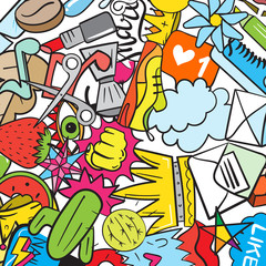 Graffiti pattern with urban lifestyle line icons. Crazy doodle abstract vector background. Trendy linear style collage with bizarre street art elements.