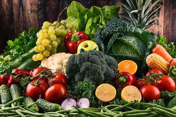 Composition with variety of raw organic vegetables and fruits