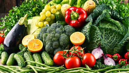 Composition with variety of raw organic vegetables and fruits