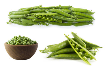 Green peas isolated on a white background. Vegetables with copy space for text. Set of green peas.