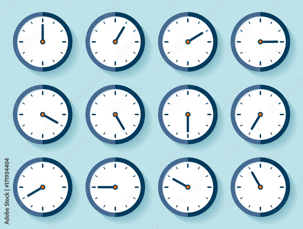 Poster stopwatch icon set in flat style, timer on blue background. business clock. vector design element fo