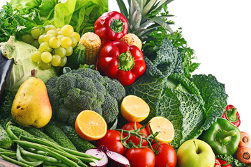 Composition with variety of raw organic vegetables and fruits