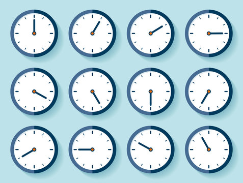 Stopwatch icon set in flat style, timer on blue background. Business clock. Vector design element for you project