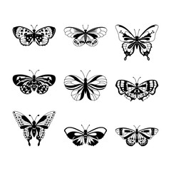 Set of black butterfly silhouettes, vector illustration.