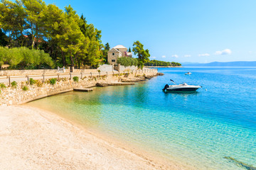 Turquoise sea water of beach in Sumartin town on Brac island, Croatia