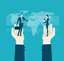 Human hand holding the businessmen and businesswoman in front of the map.. Representation of successes, control, support and coordination. Concept illustration