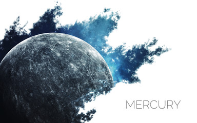 Mercury. Space style water splash on white background.  Creative layout made of nebula with planet of solar system. Elements of this image furnished by NASA