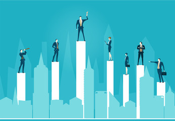 Abstract modern city and business people staying on the top of the growth charts, representing success, control, coordination and teamwork. Business concept illustration  