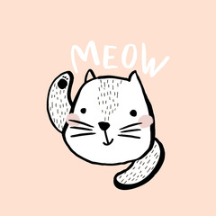 Cute cat illustration with text meow. Hand drawn with brush and ink creative kids print. Perfect for apparel, nursery decoration, cards, posters