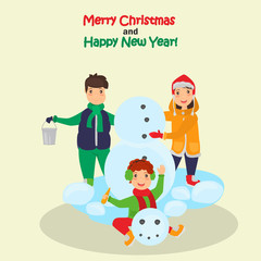 Children make snowman in the yard color illustration