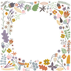 Autumn frame with flowers, leaves and branches. Vector Illustration