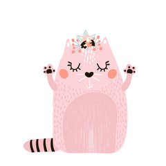 Obraz premium Cute cat girl with floral wreath isolated on white. Childish print for apparel, nursery, cards,posters. Vector Illustration