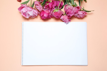 A frame made of pink peonies and a sheet of white paper rests on a background of salmon-colored ..