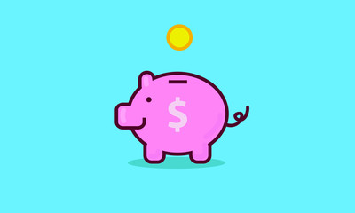 Piggy Bank with Coin (Vector Illustration Line Art Flat Style)