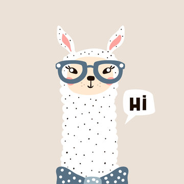 Cute Lama face. Childish print for fabric, t-shirt, poster, card, baby shower. Vector Illustrtion