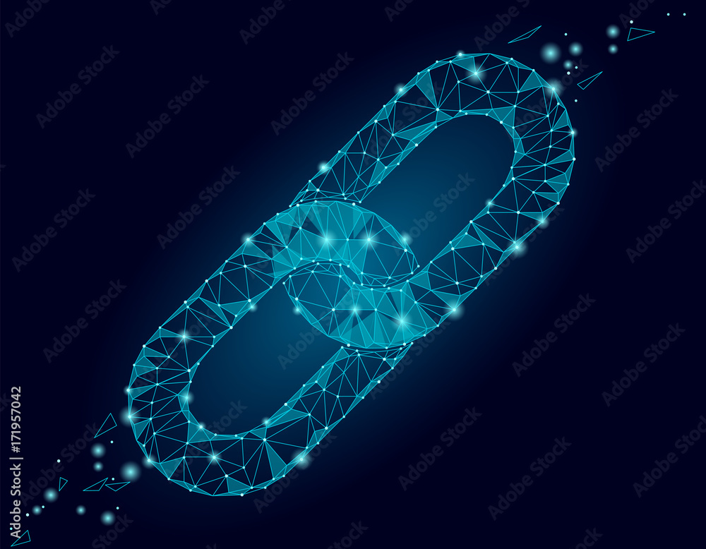 Poster blockchain link sign low poly design. internet technology chain icon triangle polygonal hyperlink se