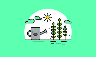 Plants, Sun and Watering Can With Smiley Face  (Flat Style Vector Illustration Icon Design)
