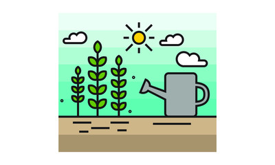 Plants, Sun and Watering Can (Flat Style Vector Illustration Icon Design)
