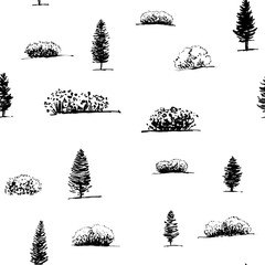 Sewing fabric with hand drawn seamless pattern with graphic trees on ...