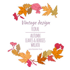 Autumnal round frame. Floral plant botany elements. Colorful vector hand drawn illustration on light background for design greeting card or Invitation.