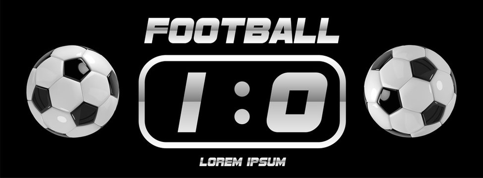 Soccer or Football White Banner With 3d Ball and Scoreboard on black background. Soccer game match goal moment with ball in the net.