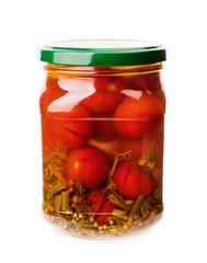 A glass jar of canned tomatoes