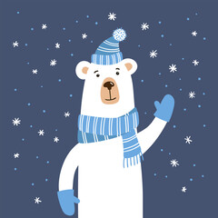 Cute cartoon polar bear in the hat, scarf and mittens. Vector illustration.
