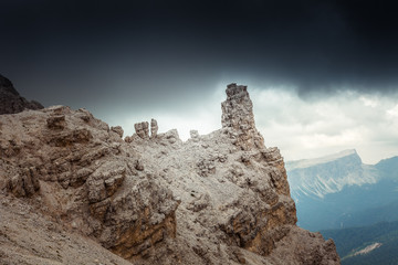 Rocky pinnacles in a cloudy mountain scenery, Dolomites, Cortina d'Ampezzo, Italy