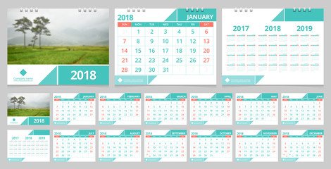 Calendar 2018 week start on Sunday. Desk calendar for corporate business design green concept color layout template set 12 months, front cover and back cover.