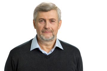 Portrait of grey hair man. Elegant mature man isolated on white background. Honest and wise silver...